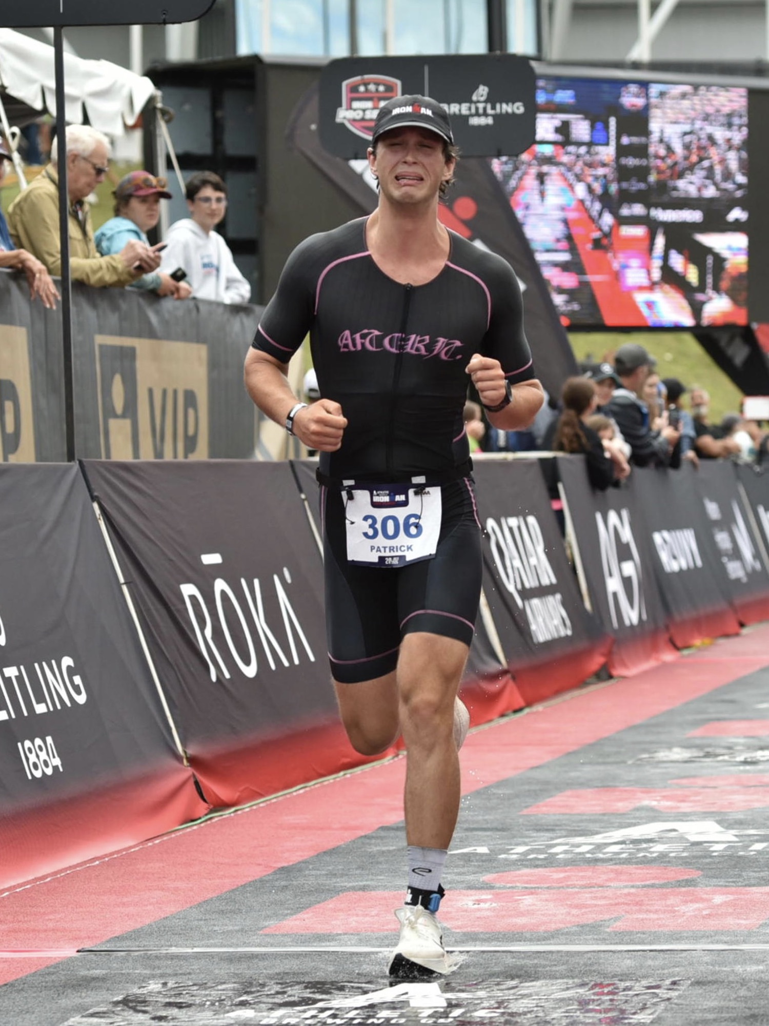 Pat charging down the finish chute at the IRONMAN World Championship in Nice