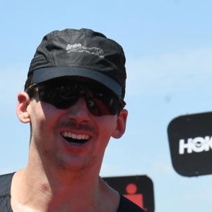 Sam smiling in the finish chute